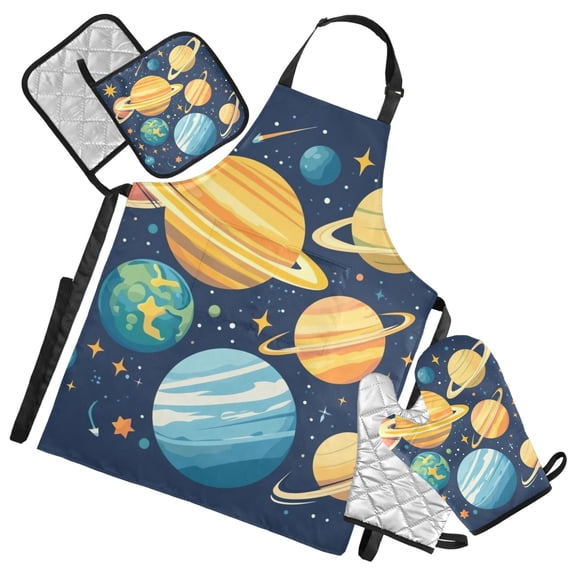 Cartoon Solar System Planet Oven Mitts and Pot Holders with Chef Apron Set 5 Pcs Kitchen Cooking Set