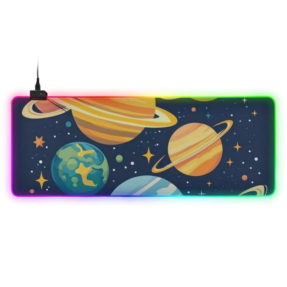 Cartoon Solar System Planet RGB Gaming Mouse Pad Large Keyboard Mat Rubber Base 13 Light Modes