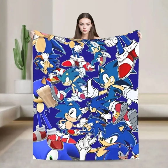 Cartoon Sonic Collage Flannel Throw Blanket, Ultra Soft Lightweight Cozy Warm Cover for Bed Sofa Couch, Bedroom Home Decor Gift for Fans