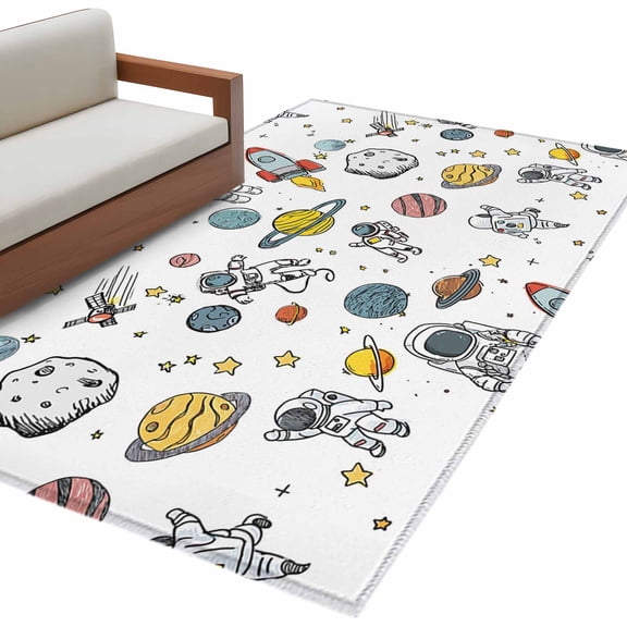 Cartoon Space Area Rug 4x6 Washable Rug Non Slip Funny Cute Rocket Planet Large Area Rug Indoor Floor Carpet for Entryway Bedroom Kitchen Living Room Home Office Dining Room Nursery