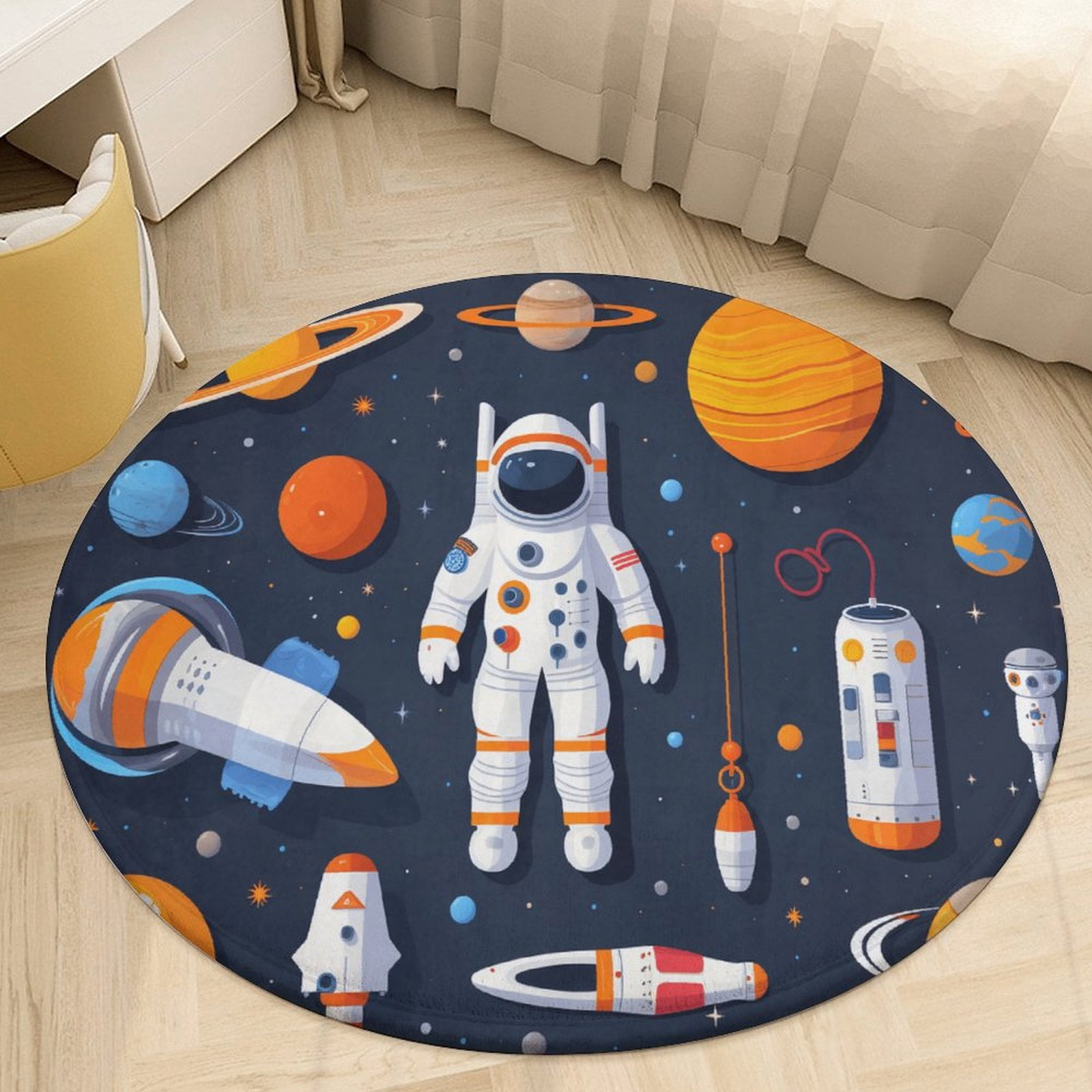 Space Round Rug Cartoon Space Astronaut Planet Round Area Rugs for Bedroom Living Room ...