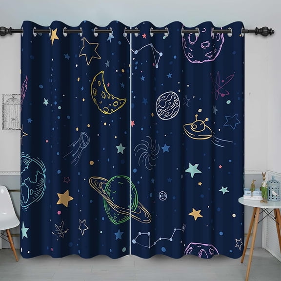 Cartoon Space Blackout Curtains, Moon Star Planet Universe Pattern Window Drapes with Grommets 26"W x 45"L (Pack of 2)