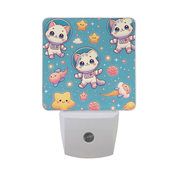 Cartoon Space Cat Night Light 2 Pack LED Nightlight Plug into Wall Dusk to Dawn Sensor Soft White