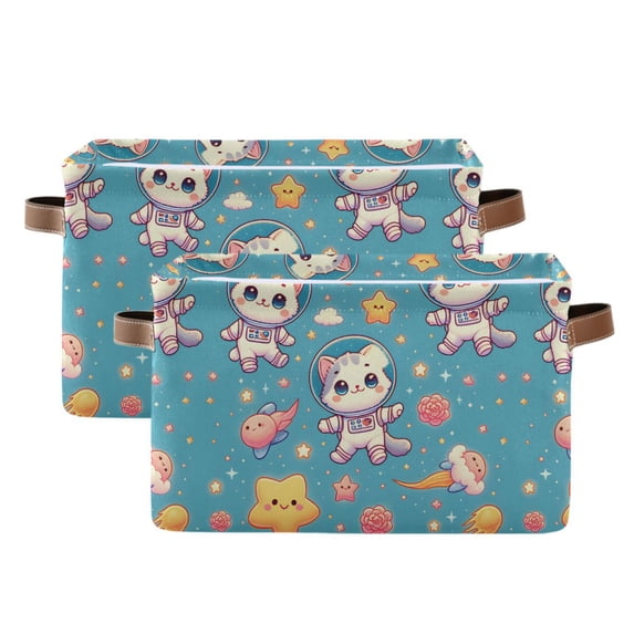 Cartoon Space Cat Storage Bins with Handle Fabric Organizer Basket Foldable Box 2 Pack 14.2x10.2x8.3
