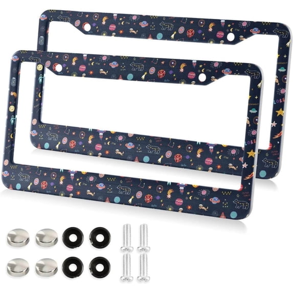 Cartoon Space Cosmonauts License Plate Frame, Decorative Aluminum Car Tag Frames, 2 Pack Universal Car License Plate Covers with 2 Holes and Screws