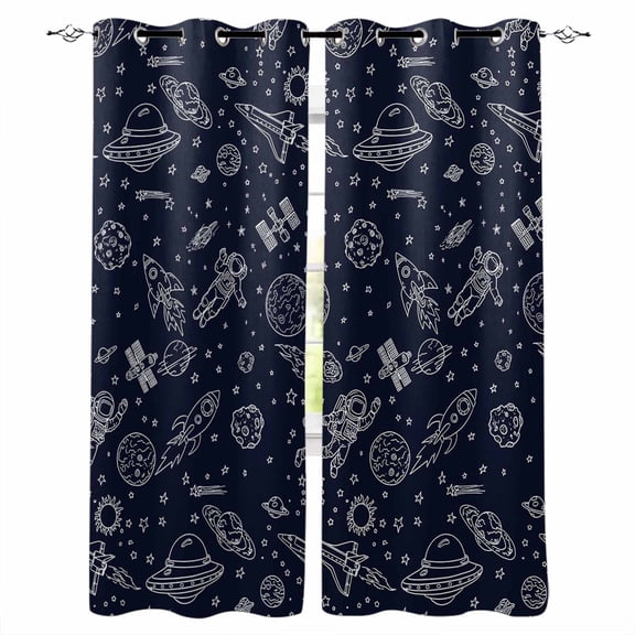 Cartoon Space Kitchen Curtains Spacecraft Rocket Meteorite Star Funny Cafe Short Curtains for Bathroom Blackout Window Curtain Small Window Treatment Tier Drapes for Bedroom Living Room 27.5"x39"x2