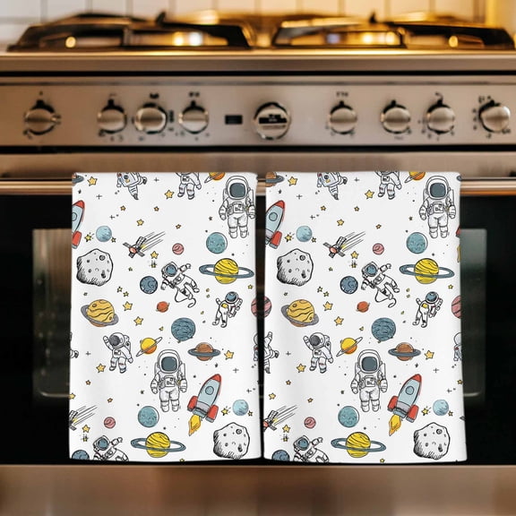 Cartoon Space Kitchen Towels Set of 1, Funny Cute Rocket Planet Absorbent Dish Towels for Kitchen, Microfiber Hand Towel, Quick Drying Tea Towel for Cleaning Decorative Dishcloths