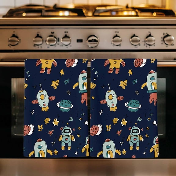 Cartoon Space Kitchen Towels Set of 1, Funny Cute Rocket Planet Navy Blue Absorbent Dish Towels for Kitchen, Microfiber Hand Towel, Quick Drying Tea Towel for Cleaning Decorative Dishcloths