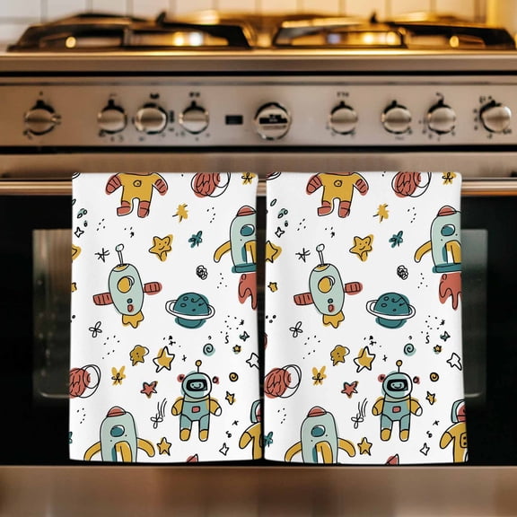 Cartoon Space Kitchen Towels Set of 1, Funny Cute Rocket Star Planet Absorbent Dish Towels for Kitchen, Microfiber Hand Towel, Quick Drying Tea Towel for Cleaning Decorative Dishcloths