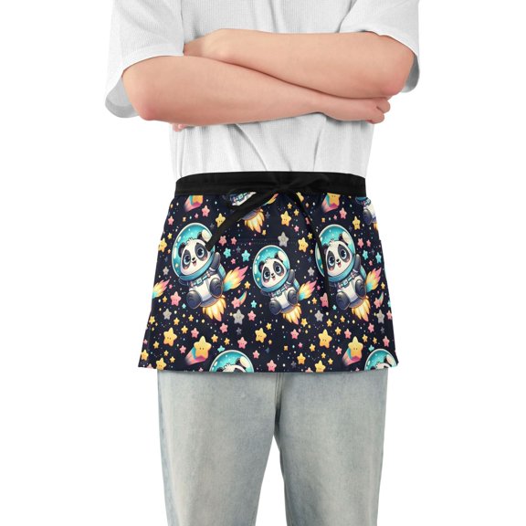 Cartoon Space Panda and Star Server Apron with 3 Pockets Waterproof Waitress Waist Short Apron for Man Woman 12 Inches