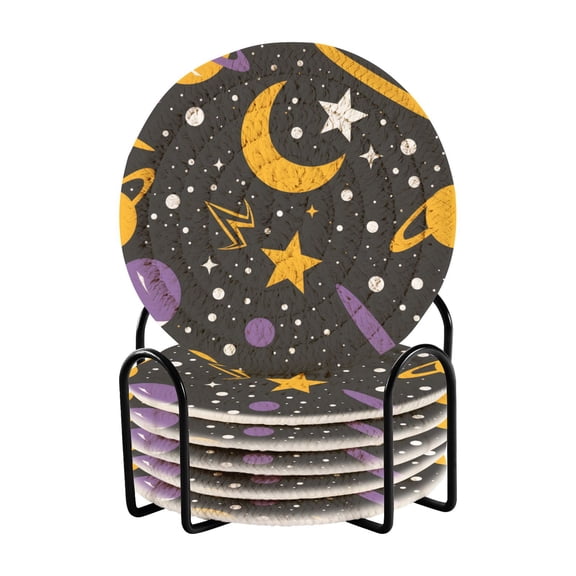 Cartoon Space Pattern Bar Coasters 6 Pack Braided Coasters with Holder Absorbent Heat Resistant