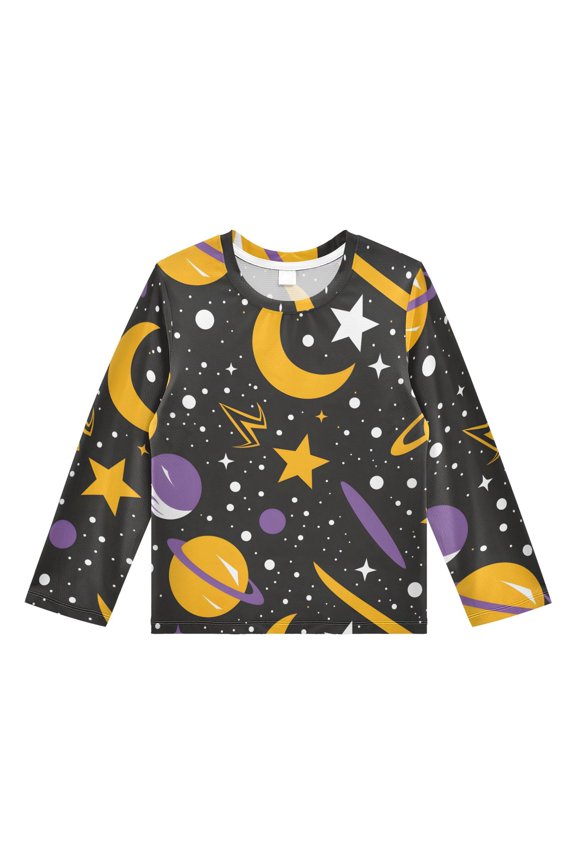 Cartoon Space Pattern Boys' Rash Guard Shirts UPF 50 Plus Sun Protection Short Sleeve Swim Tees 5-6T