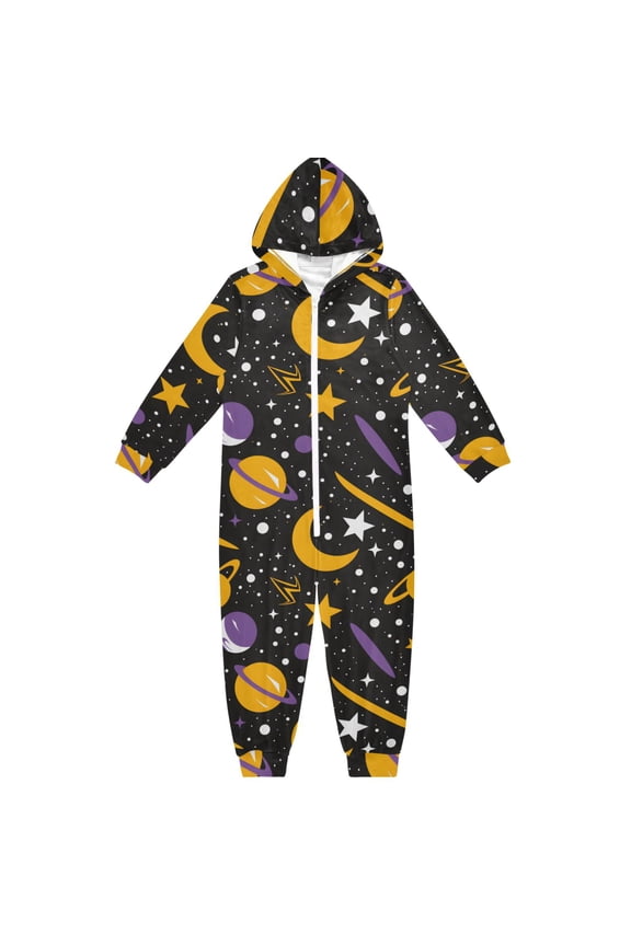 Cartoon Space Pattern One Piece Pajamas Soft Jumpsuit Cozy Sleep and Play Romper Zipper and Pockets 4T