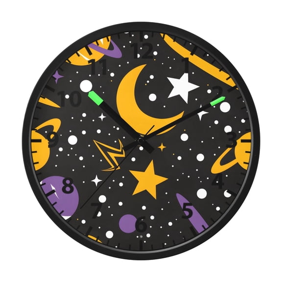 Cartoon Space Pattern Wall Clock 12 Inch Voice Activated Night Light Silent Non Ticking