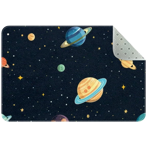 Cartoon Space Planets and Stars Night Sky Background Small Area Rug, Non-Slip Door Mat Indoor Floor Mat, Washable Kitchen Rug Entrance DMat for Bedroom Living Room