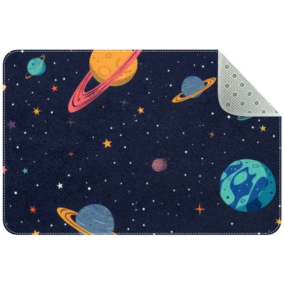 Cartoon Space Planets and Stars Night Sky Pattern Small Area Rug, Non-Slip Door Mat Indoor Floor Mat, Washable Kitchen Rug Entrance DMat for Bedroom Living Room