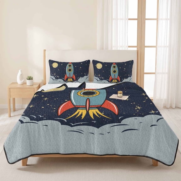 Cartoon Space Rocket Launch Stars and Moon 3 Pieces Quilt Set,1 Quilt with 2 Shams,Outer Planet Bedspread Soft Lightweight Bedding Coverlet Comforter Set for All Season 96"x106"