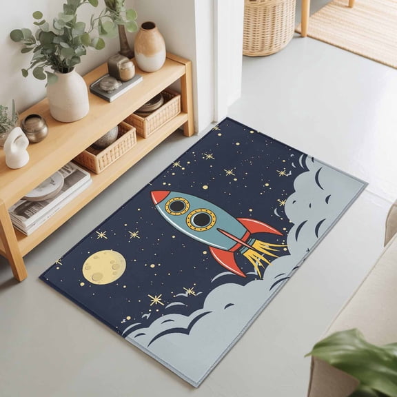 Cartoon Space Rocket Launch Stars and Moon Rectangle Rug 2'x3' Outer Planet Washable Area Rugs for Living Room Bedroom Entryway Non Slip Entrance Door Mat Indoor Floor Carpet