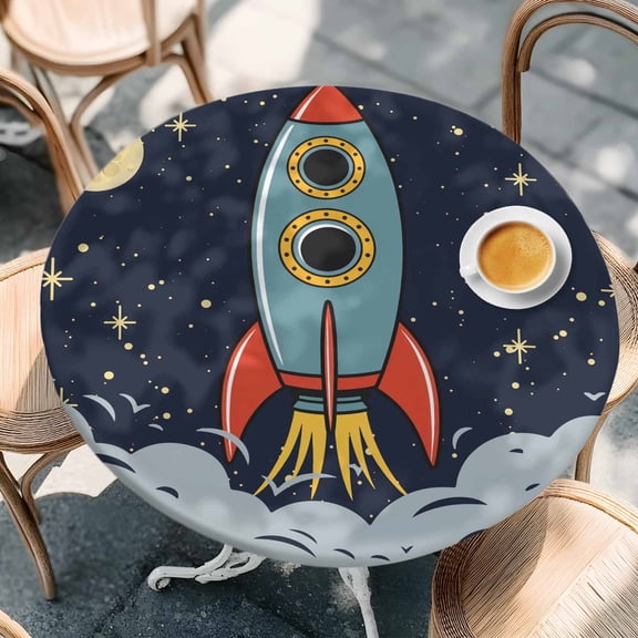 Cartoon Space Rocket Launch Stars and Moon Round Fitted Tablecloth with Elastic Edge,Waterproof Table Cloth Fits Tables Up to 36"-44",Wipeable Washable Table Cover for Indoor Outdoor,Outer Planet