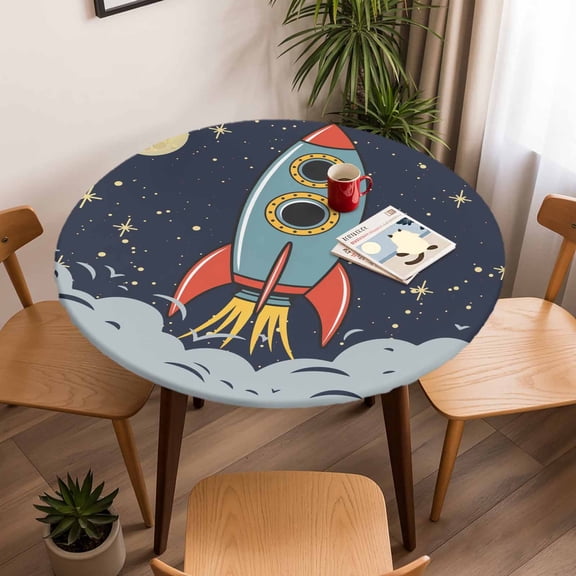 Cartoon Space Rocket Launch Stars and Moon Round Fitted Tablecloth with Elastic Edge,Waterproof Table Cloth Fits Tables Up to 45"-54",Wipeable Washable Table Cover for Indoor Outdoor,Outer Planet