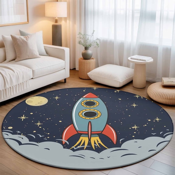 Cartoon Space Rocket Launch Stars and Moon Round Rug 5ft Outer Planet Washable Area Rugs for Living Room Bedroom Entryway Non Slip Entrance Door Mat Indoor Floor Carpet