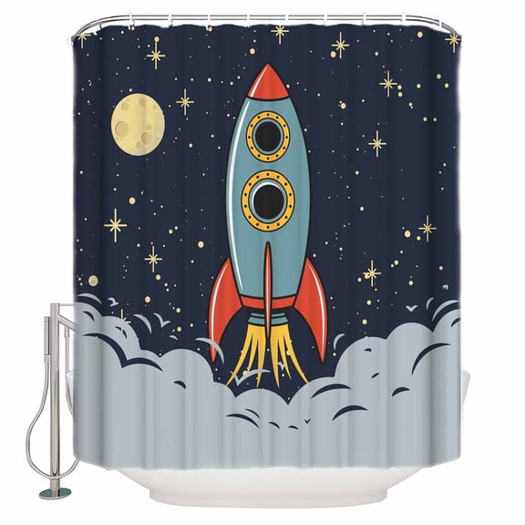 Cartoon Space Rocket Launch Stars and Moon Shower Curtain for Bathroom, Outer Planet Waterproof Shower Curtains Washable Quick Dry with Hooks Bathtub Curtains 36x72 IN