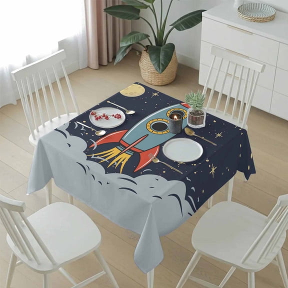 Cartoon Space Rocket Launch Stars and Moon Table Cloth 54x54in, Waterproof Square Tablecloth Wipeable Tablecloths Outer Planet Table Covers for Dining Tables Party Indoor Outdoor