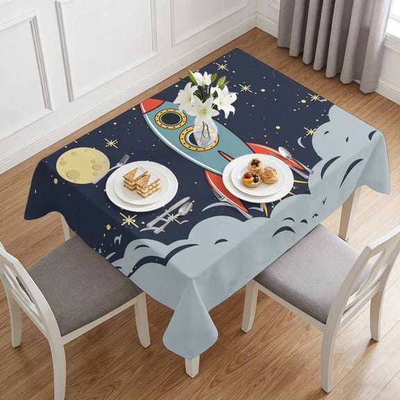 Cartoon Space Rocket Launch Stars and Moon Table Cloth 60x84in, Waterproof Rectangle Tablecloth Wipeable Tablecloths Outer Planet Table Covers for Dining Tables Party Indoor Outdoor