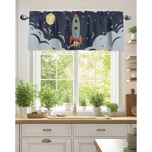 Cartoon Space Rocket Launch Stars and Moon Valances for Windows,Kitchen Valance Rod Pocket Short Curtain,Outer Planet Valance Curtain Window Valances for Bedroom Living Room 54x18in