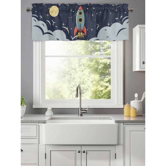 Cartoon Space Rocket Launch Stars and Moon Valances for Windows,Kitchen Valance Rod Pocket Short Curtain,Outer Planet Valance Curtain Window Valances for Bedroom Living Room 42x12in