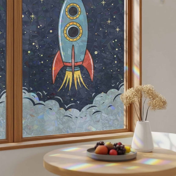 Cartoon Space Rocket Launch Stars and Moon Window Privacy Film,Heat Control Sun Blocking Static Cling Rainbow Film,Outer Planet Non-Adhesive Glass Sticker Door Window Tint,17.7" x 39.3"