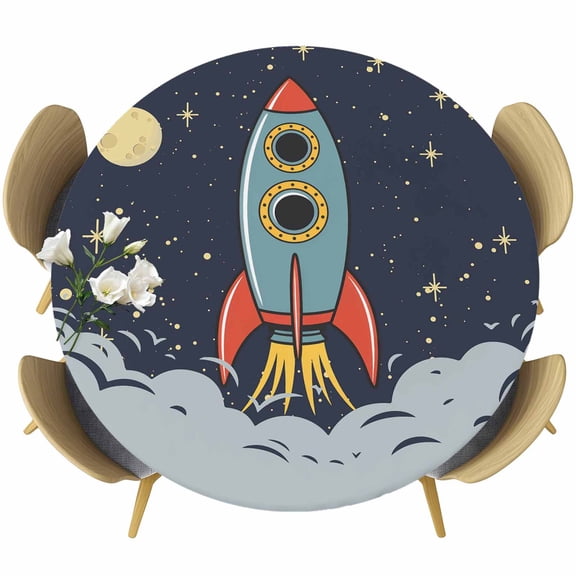 Cartoon Space Rocket Launch Stars and Moon Fitted Round Tablecloths 45"-54",Waterproof Table Cloth for Kitchen Holiday Party Tables Decor