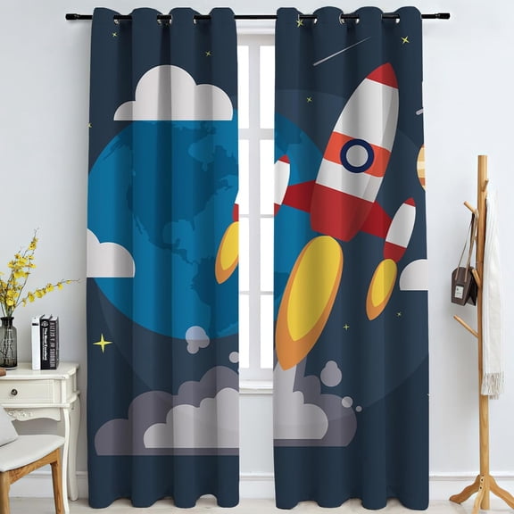 Cartoon Space Rocket Window Curtains, Universe Planet Galaxy 3D Printing Blackout Curtains For Children's Room, Insulation Eyelet Window Treatments 21"W x 45"L (Pack of 2)