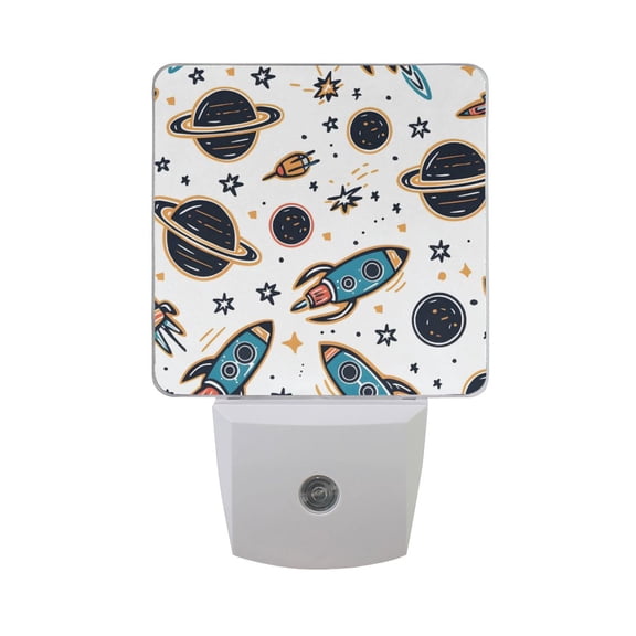 Cartoon Space Rockets and Planets Night Light 2 Pack LED Nightlight Plug into Wall Dusk to Dawn Sensor Soft White