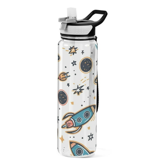 Cartoon Space Rockets and Planets Sports Water Bottle with Straws 32 Oz Tritan Clear Bottles BPA Free Leakproof Cup for Outdoor School Gym Fitness