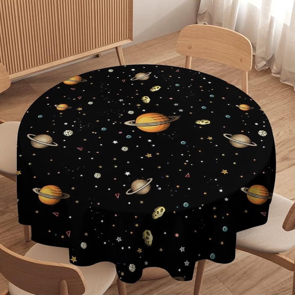 Cartoon Space Round Tablecloth, Outer Space Universe Planets Comets Constellations and Stars Print Table Cloth for Kitchen Dinning Parties Holiday 50x50in
