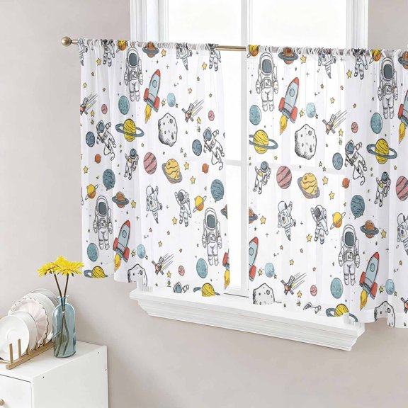 Cartoon Space Sheer Curtains 45 Inch Length 2 Panels Set, Funny Cute Rocket Planet Voile Window Treatment Rod Pocket Small Kitchen Curtains Drapes for Bedroom 52"x45"x2