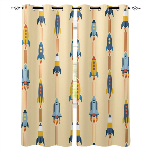 Cartoon Space Shuttle Blackout Curtains Light Blocking Print Window Curtains, Spaceship Galaxy Universe Yellow Thermal Insulated Window Drapes for Living Room Kitchen Cafe (2 Panels, 55"W x 39"L)