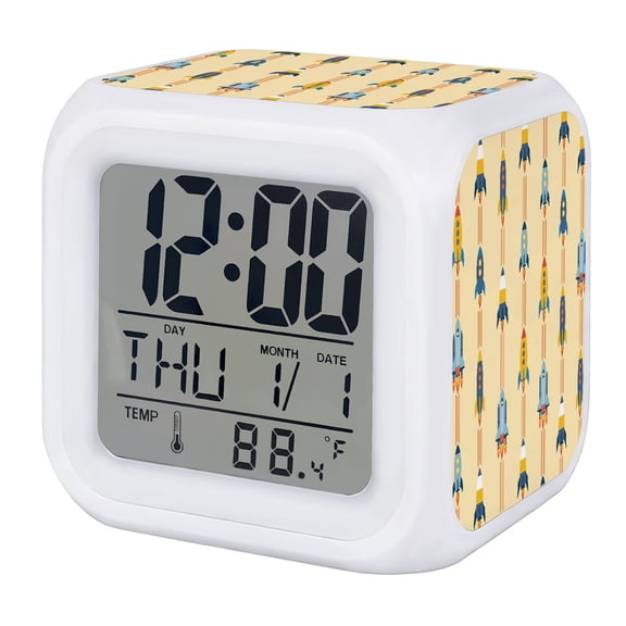Cartoon Space Shuttle Digital Alarm Clock for Bedrooms,Smart LED Alarm Clock with 7 Color Changing Night Light,Spaceship Galaxy Universe Yellow Silent Wake Up Clocks for Sleep Study Cooking 3.2"x3.2"