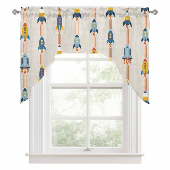 Cartoon Space Shuttle Kitchen Curtains Swag Valance for Windows/Bathroom/Cafe, Spaceship Galaxy Shuttlecraft Universe Rod Pocket Drape Panel Swag Curtains Valance for Bedroom/Living Room 56"x36"