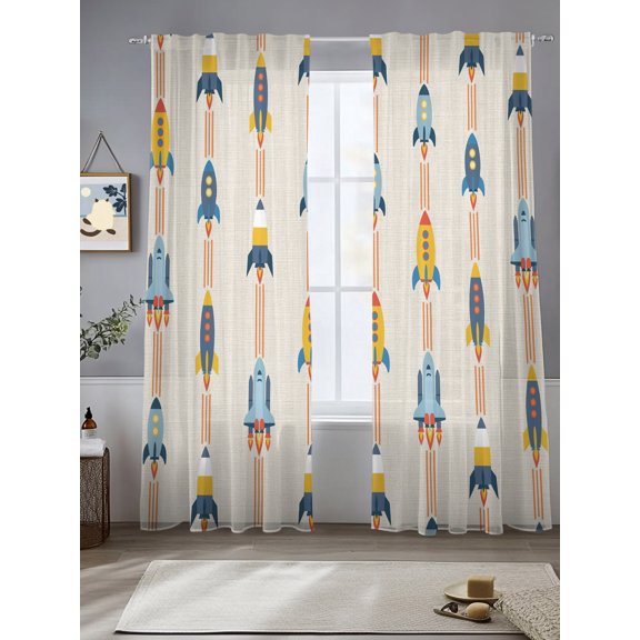 Cartoon Space Shuttle on Linen Chiffon Sheer Curtains 84 Inches Long Modern Shuttlecraft Universe Rod Pocket Window Curtains Voile Drapes Curtains for Living Room Bedroom,2 Panels