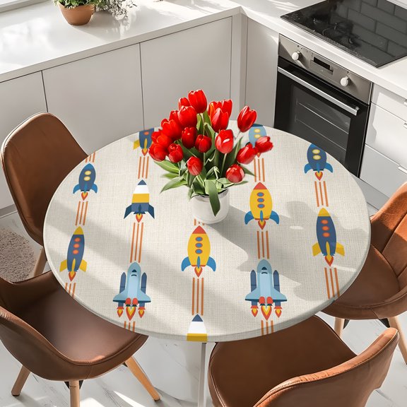 Cartoon Space Shuttle on Linen Round Fitted Tablecloth with Elastic Edge,Waterproof Table Cloth Fits 36"-44"Tables,Wipeable Table Cover for Indoor Outdoor Dinning Party,Modern Shuttlecraft Universe