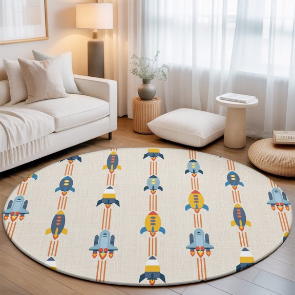 Cartoon Space Shuttle on Linen Round Rug 5ft Modern Shuttlecraft Universe Washable Area Rugs for Living Room Bedroom Entryway Non Slip Entrance Door Mat Indoor Floor Carpet