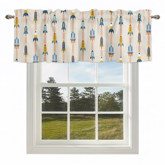 Cartoon Space Shuttle on Linen Valances for Windows Modern Shuttlecraft Universe Rod Pocket Curtain Valance Window Treatment Short Curtains for Kitchen Living Room,54x18in