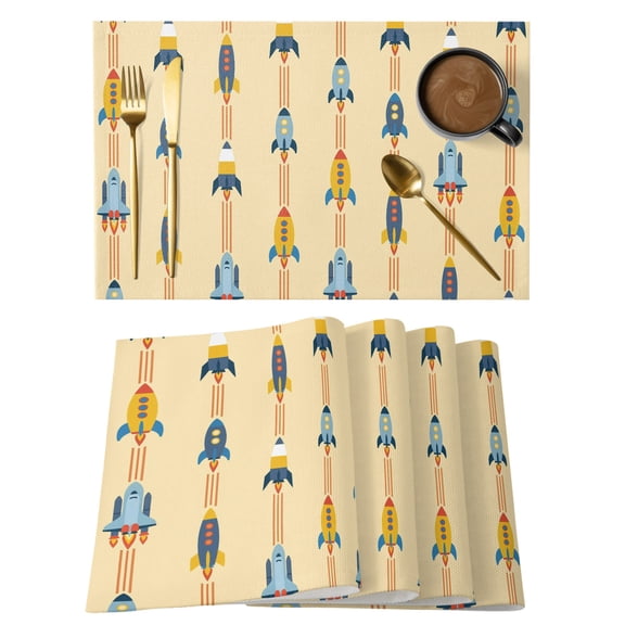 Cartoon Space Shuttle Placemats Set of 2 Spaceship Galaxy Universe Yellow Place Mats Indoor Wipeable Table Mats Washable Cloth Dining Table Placemats for Kitchen Holiday Party Home Decor 13x19 Inch