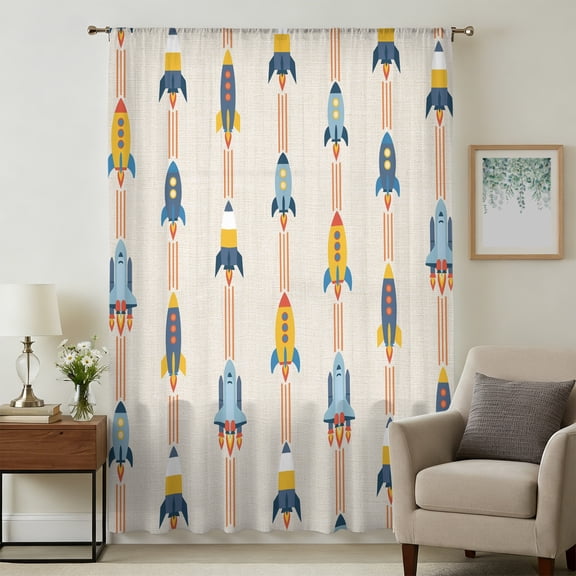 Cartoon Space Shuttle Sheer Curtains 45 Inches Long, Spaceship Galaxy Shuttlecraft Universe Light Filering Curtains, Breathable Simi Curtain Privacy Drapes for Kitchen Bathroom Window Treatment