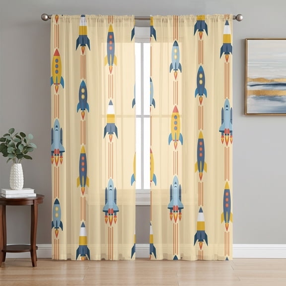 Cartoon Space Shuttle Sheer Curtains 96 Inch Length 2 Panels Set, Spaceship Galaxy Universe Yellow Voile Window Treatment Semi Sheer Long Curtains Drapes for Bedroom/Living Room/Kitchen 52"x96"x2