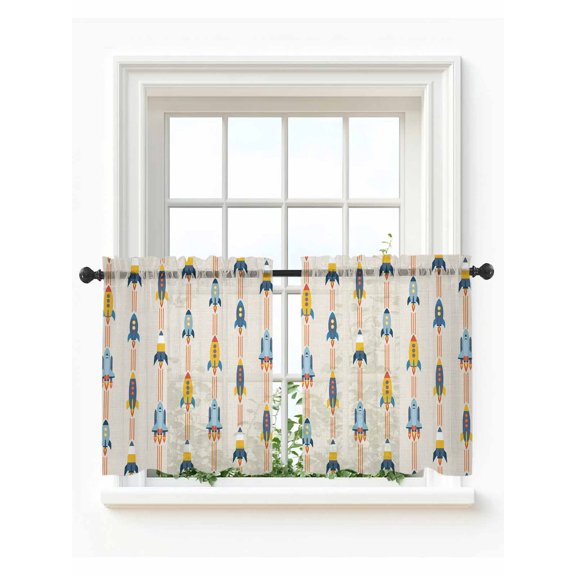 Cartoon Space Shuttle Tier Curtains 24 Inch Length,Sheer Curtains for Bedroom Living Room Spaceship Galaxy Shuttlecraft Universe Short Kitchen Curtains Drapes for Small Half Window 27.5"x24" 2 Panels