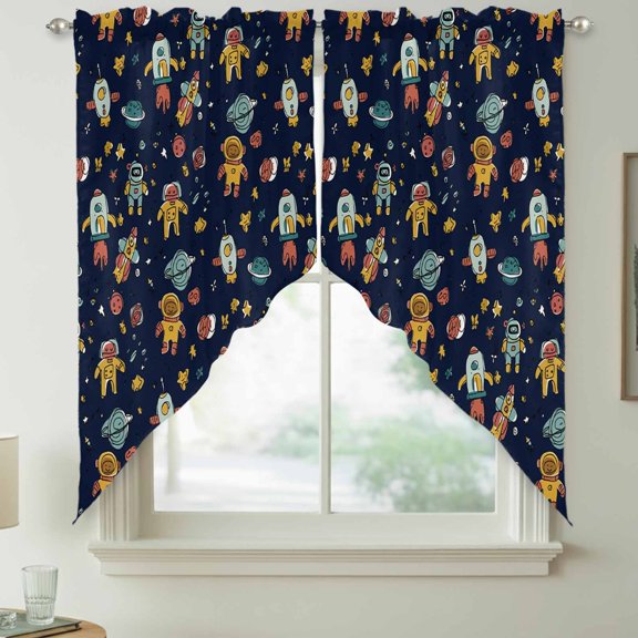 Cartoon Space Swag Valances for Windows, Astronauts Spacecraft Rockets Navy Blue Rod Pocket Short Curtains, Machine Washable Kitchen Window Topper for Bathroom Living Room, 28 x 36 Inch, 1 Pair