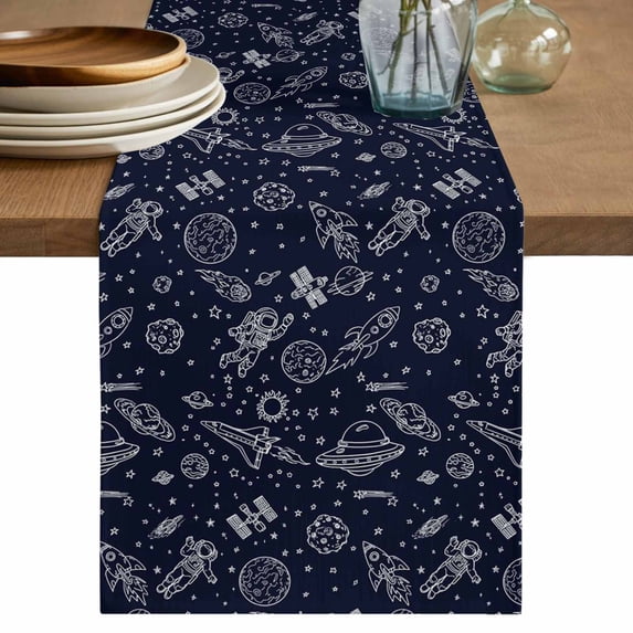 Cartoon Space Table Runner 90 Inches, Spacecraft Rocket Meteorite Star ...